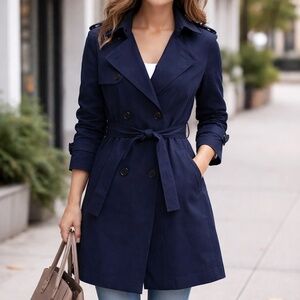 Vintage Club 5’4” Petites Wool Trench Coat | Size M | Navy Blue | Classic